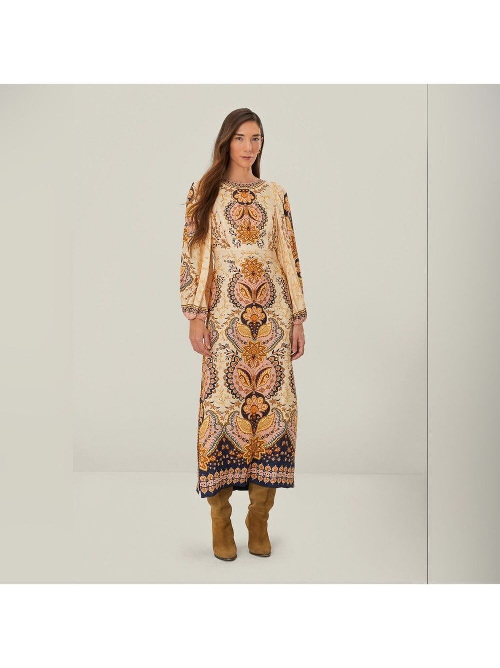Farm Rio Beige Boho Midi Dress